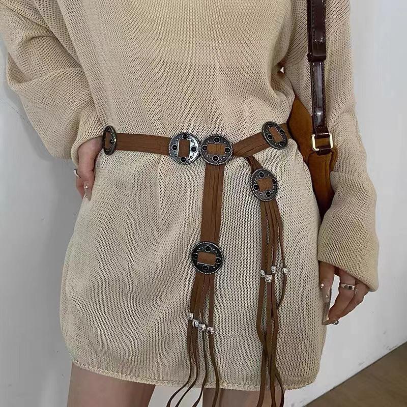 Vintage Coin Braided Sash Belt Boho Tassel Waistband Western Knotted Dress Girdle For Women Decoration
