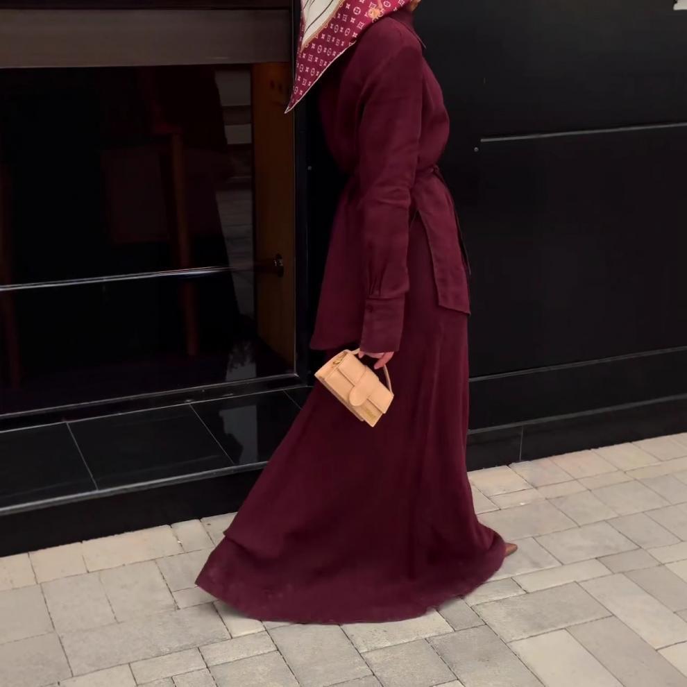 2025 Autumn Elegant Purple Long Sleeve Tie-up Dress