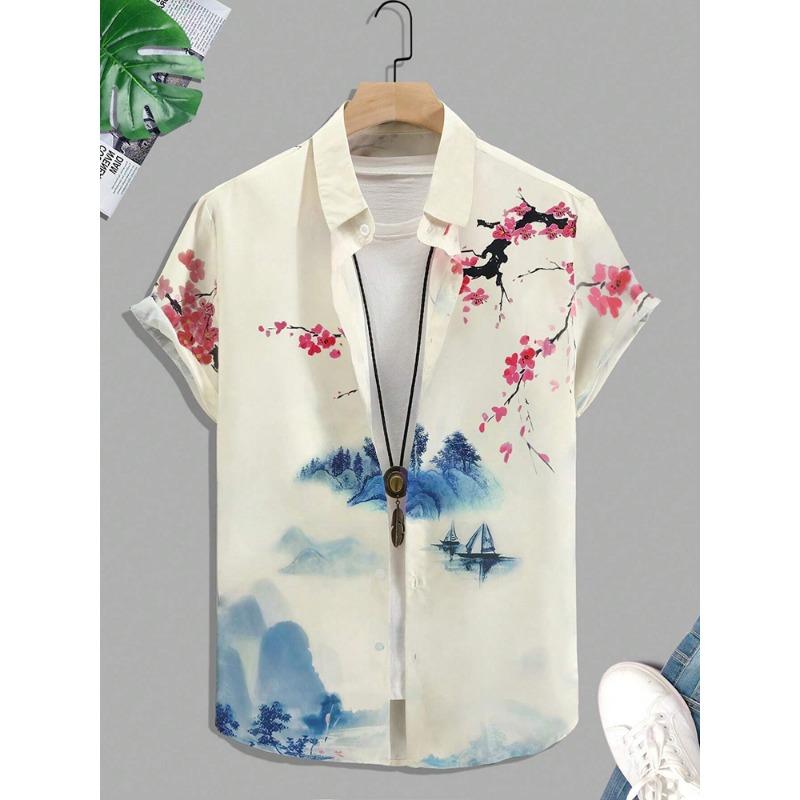 Hawaiian Print Short-sleeved Shirt Beach Party Trendy Men's Casual Shirt Summer Outdoor Everyday Men's Short-sleeved Shirt