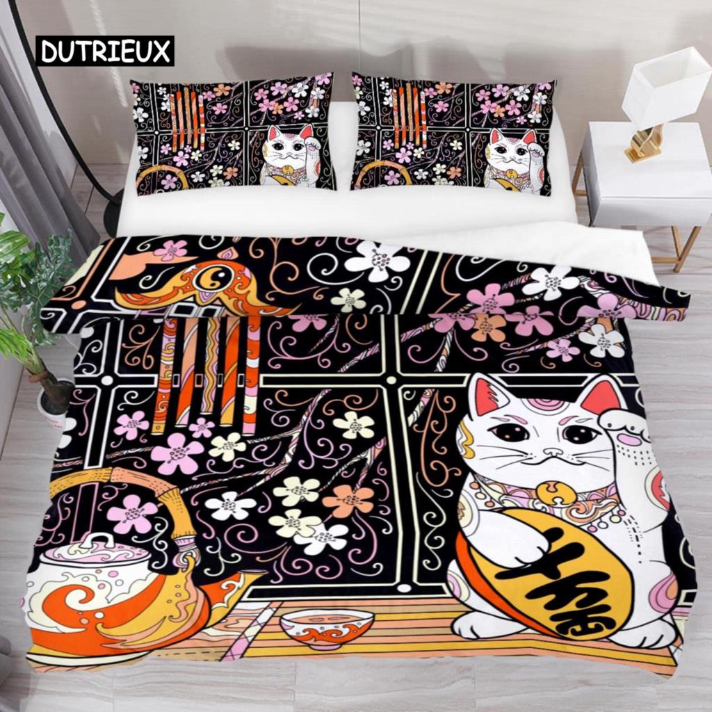 Japanese Lucky Cat Duvet Cover Set Kawaii Cats Bedding Set for Kids Boys Girls Exotic Style Black White Kitten Comforter Cover