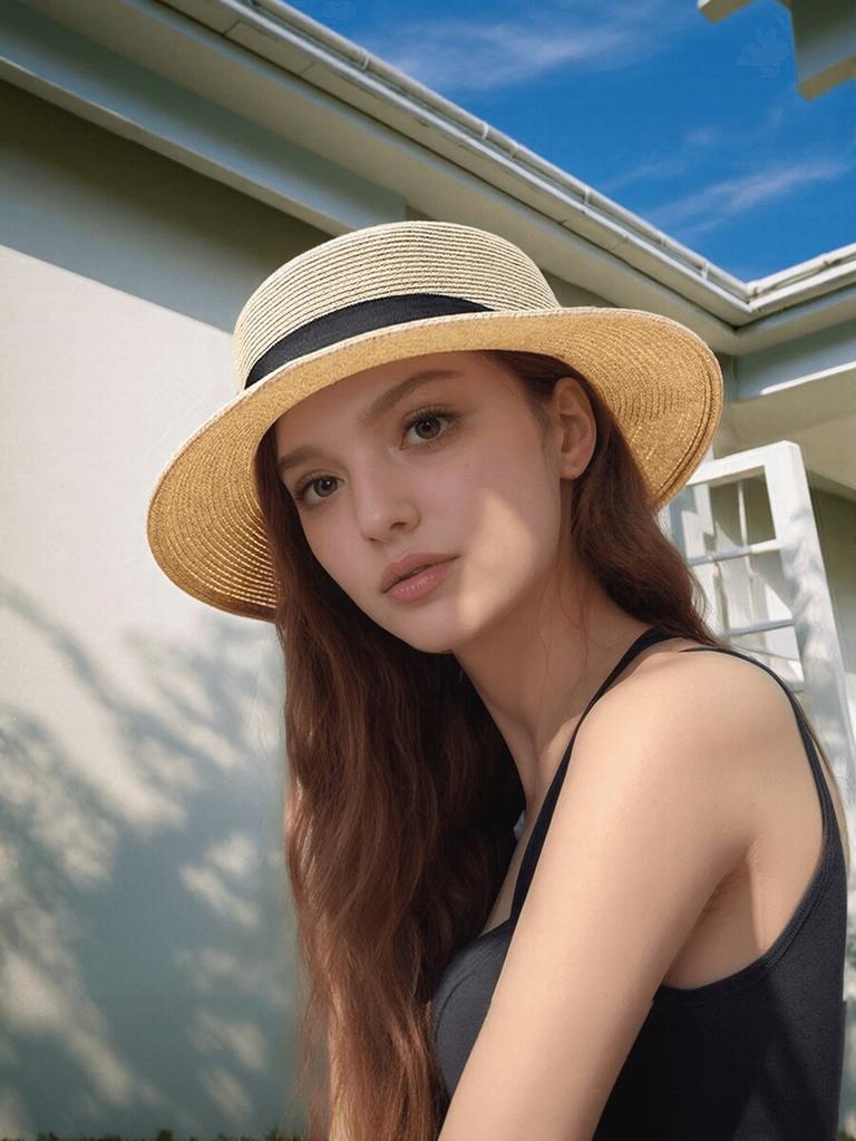 Women Wide Brim Flat Top Sun Hat With Black Woven Band Beach Hat