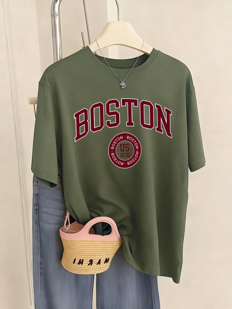 Boston City Us 1630 Letter Prints TShirts Womens Summer Basic T Shirts ONeck Soft Short Sleeve Tops Casual Loose Woman Clothes