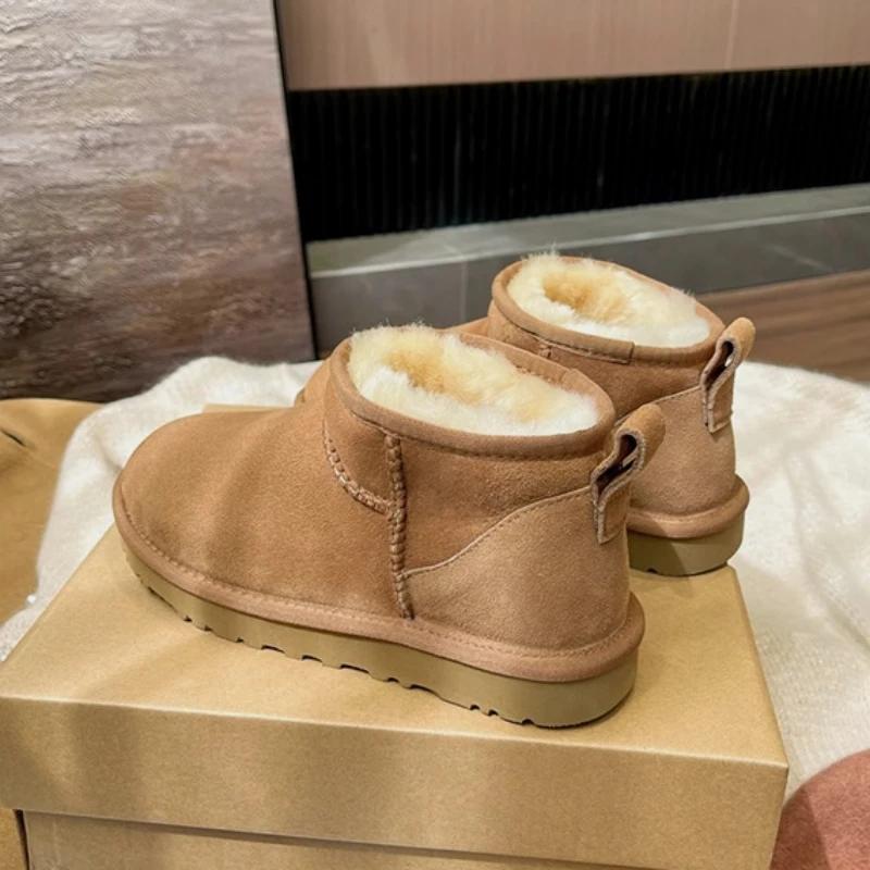 Classic Winter Women Ultra Mini Snow Boots Genuine Cowhide Leather Fur Slippers 2027 New Design Men Short Boot Flat Cotton Shoes
