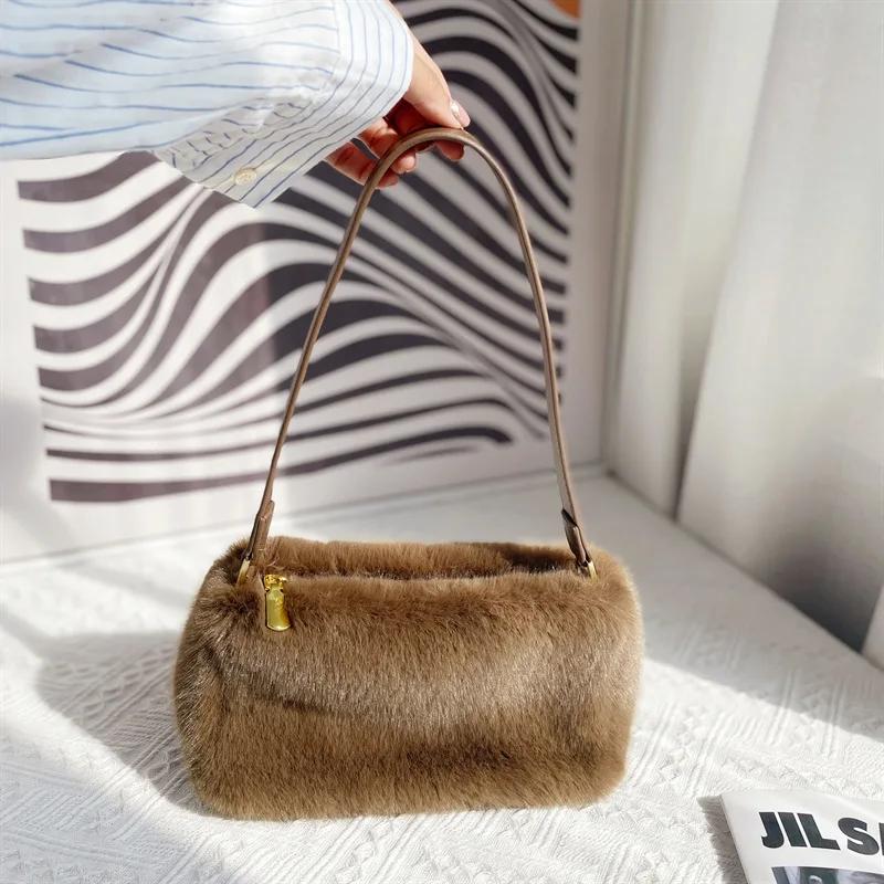 Winter Casual Portable Women's Plush Shoulder Bags Simple Commuter Ladies Furry Underarm Bag Versatile Faux Fur Female Handbags
