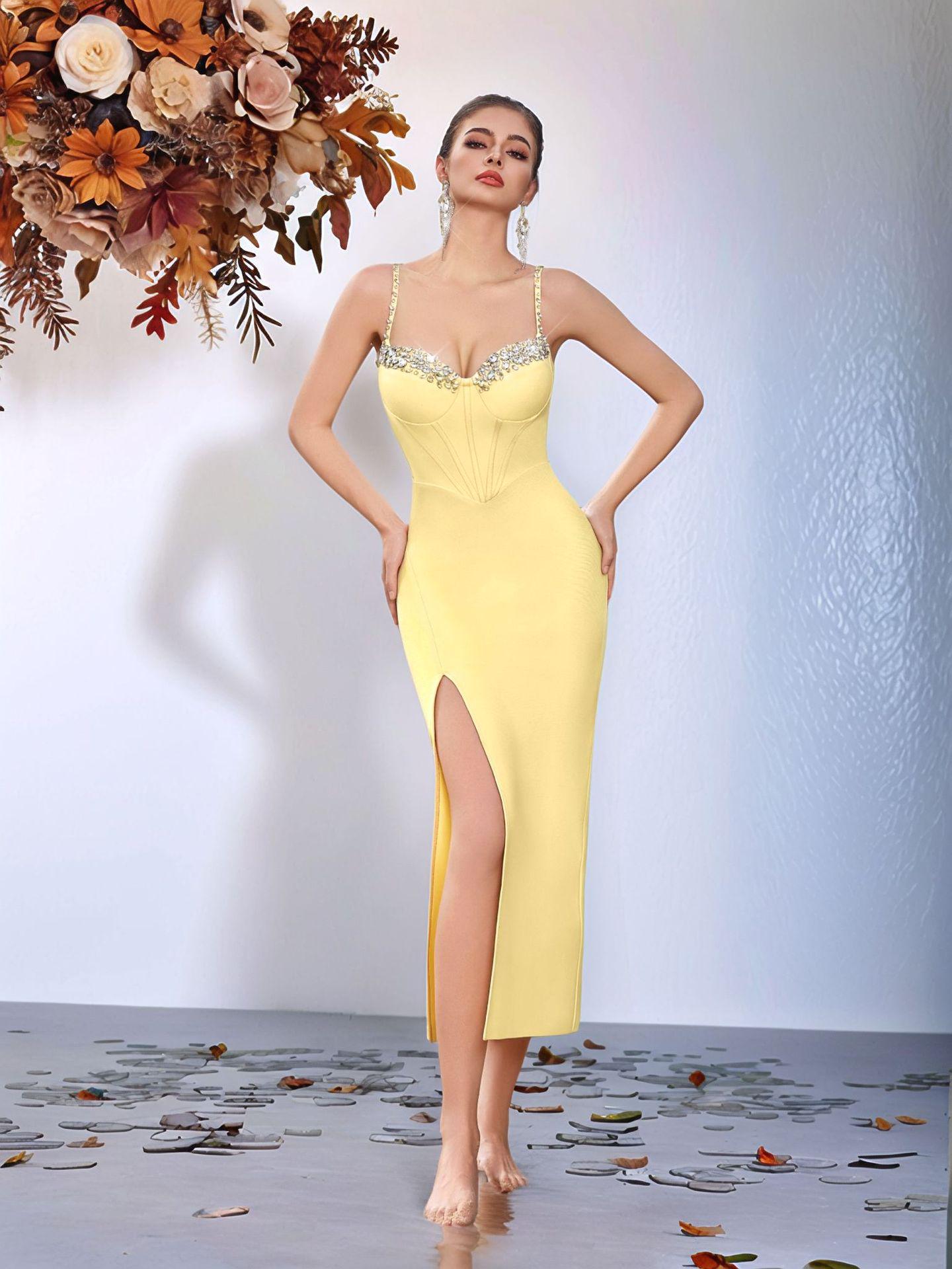 

Европейско-американское вечернее платье с бандажом из страз и боковым разрезом Small жёлтый