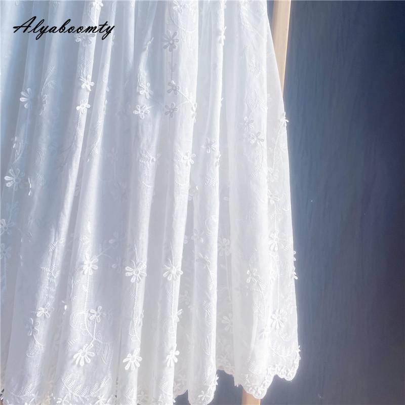 Mori Girl Sommar Höst Kvinnor Vit kjol Elastisk midja Blommor Patchwork Broderikjol Elegant Feminin Söt midikjol