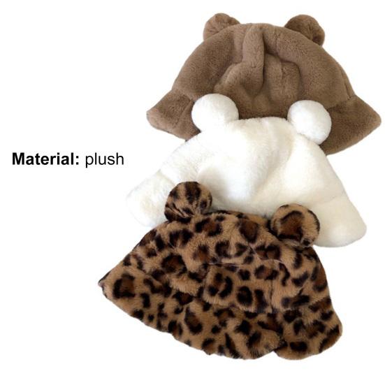 Sombrero de Pescador Orejas de Oso Bola de Felpa Engrosada Otoño Invierno Leopardo Bola de Felpa Gorro Cubeta para Exteriores