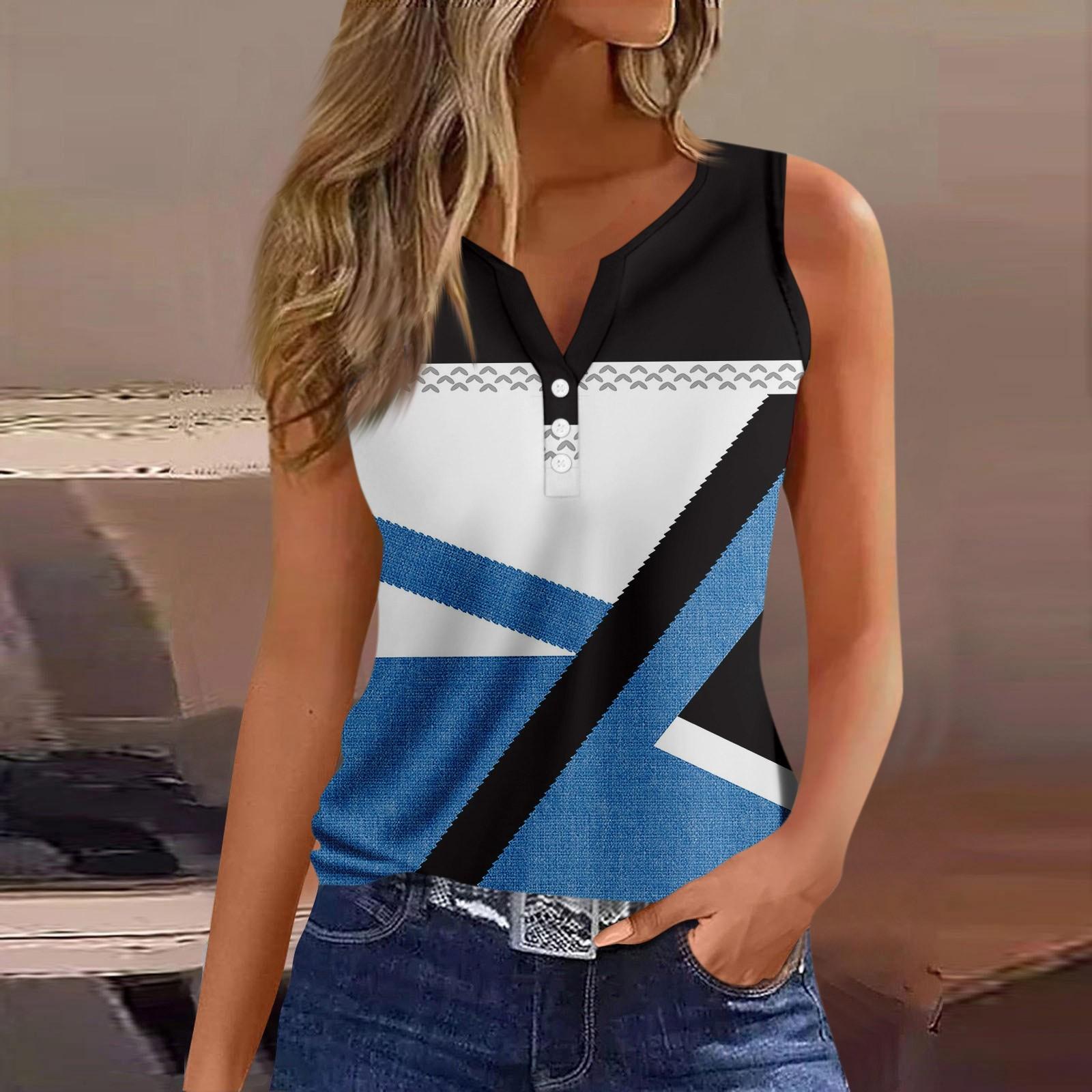 

Жен. Футболка Футболка С принтом Пуговицы Без рукавов Повседневные Выходные Мода Классический V-образный вырез Обычный Верх S синий