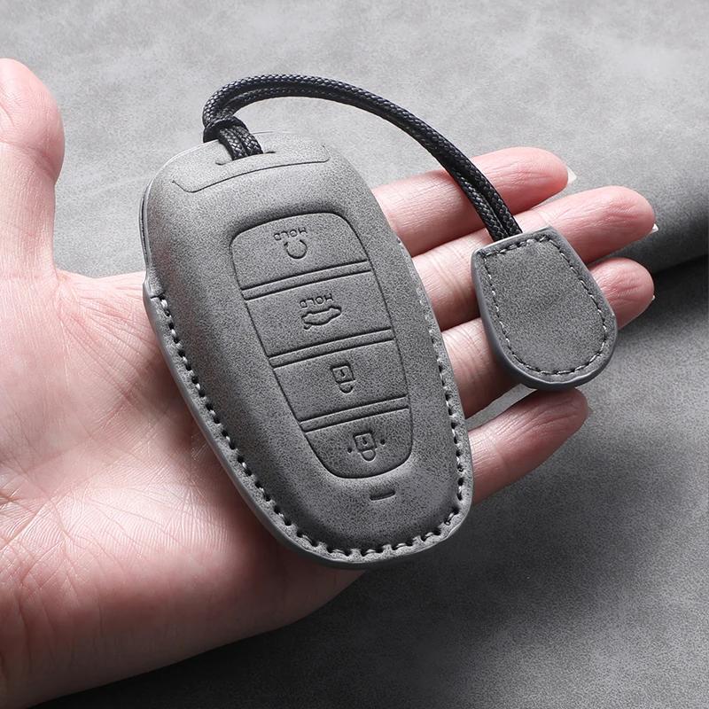 Leather Car Key Case Cover Holder Keychain Shell for Hyundai Tucson 2025 Solaris Sonata Hybrid NEXO NX4 SantaFe DN8 2020
