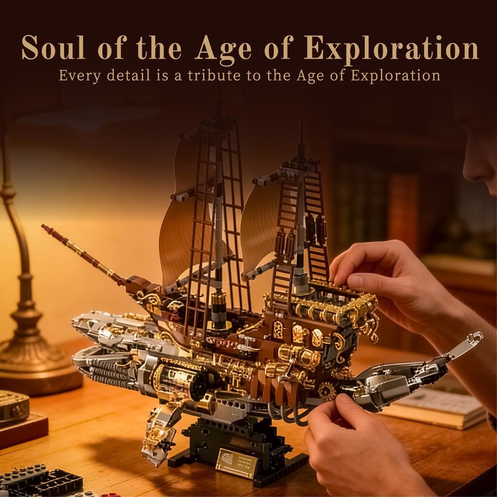 1979Pcs Retro Steamship/Mechanical Whale Ship Building Blocks Set With Lights, Desktop Ornament, Assembly Toy, Birthday Gift