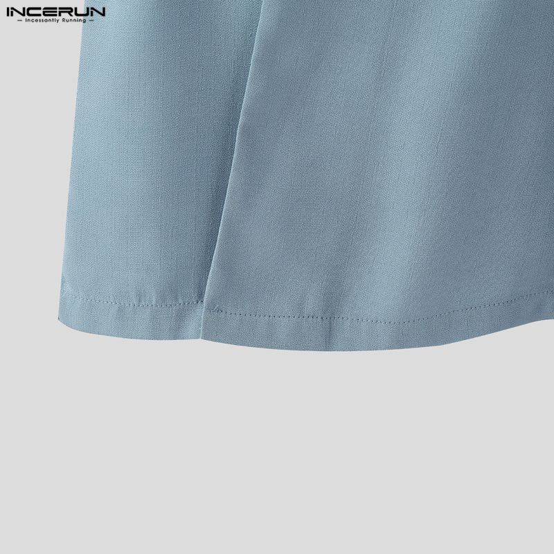 INCERUN Summer Men Vintage Stand Neck Short Sleeve Side Buttons Casual Vintage Shirts
