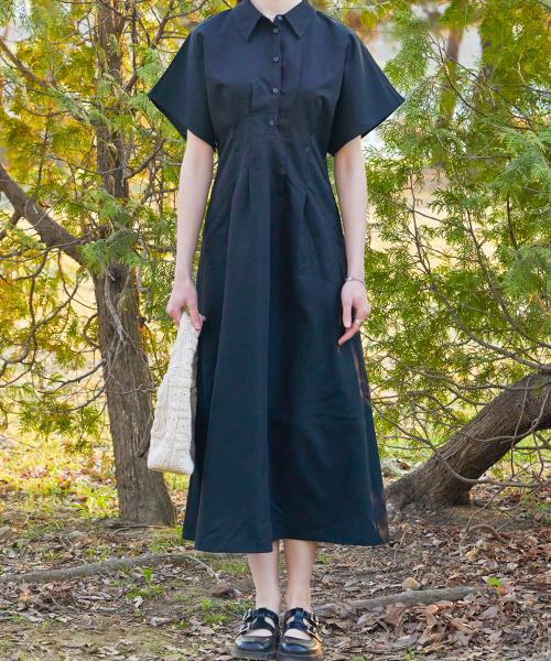 Collet Slim Pintuck Fit Summer Shirt Short Sleeve Maxi Long Dress [Black] 610