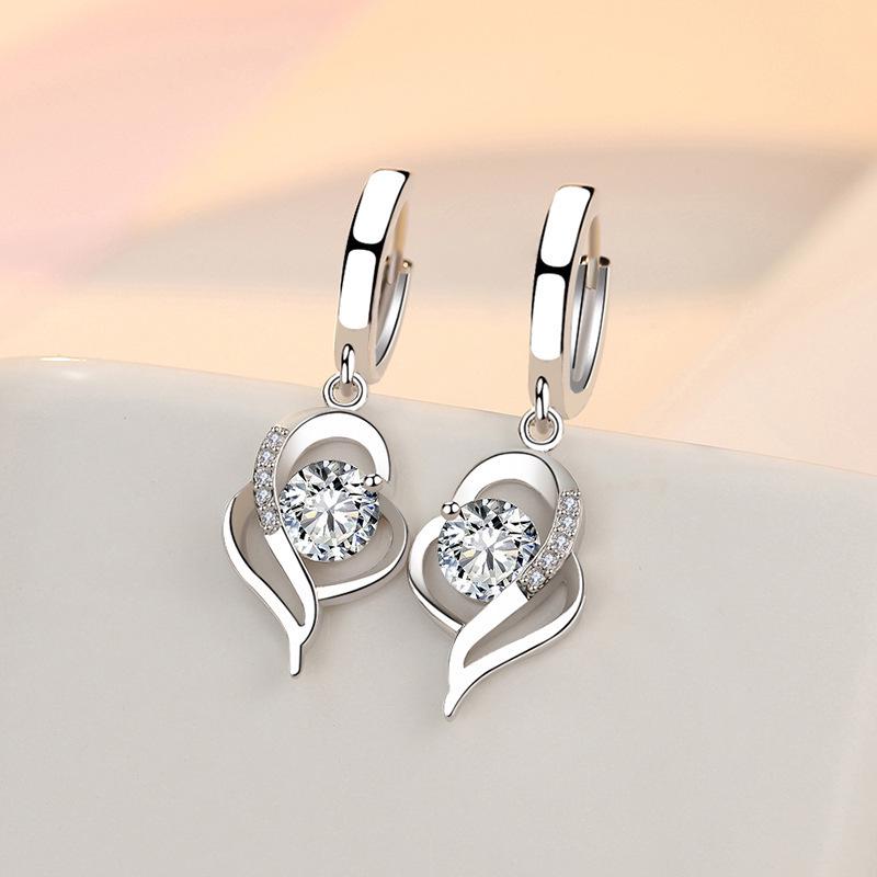 Runxin Elegant Heart Rhinestone Dangle Hoop Earrings for Women - Japanese Korean Fashion Style