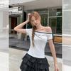 Korean slanted shoulder lace-up design off-the-shoulder letter printing short-sleeved T-shirt women's summer new slim-fitting top
