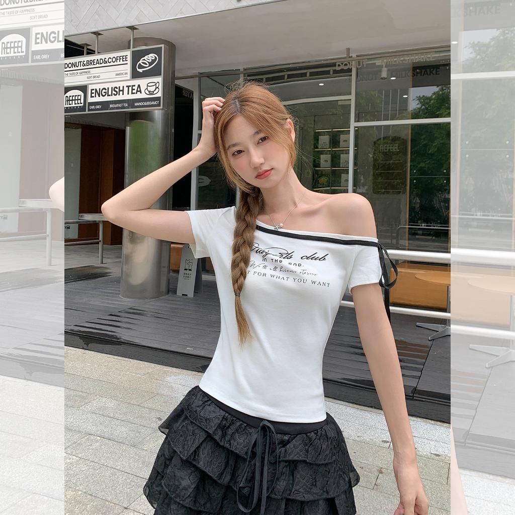 Korean slanted shoulder lace-up design off-the-shoulder letter printing short-sleeved T-shirt women's summer new slim-fitting top