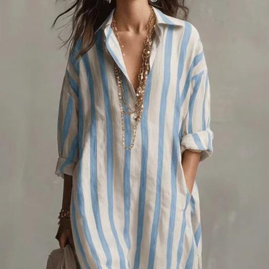 שמלת חולצה רפויה לנשים, קז'ואל, שרוול ארוך, צווארון V, פסים, שמלה ארוכה, שמלת מקסי לטיול/חופשה, עם כיסים