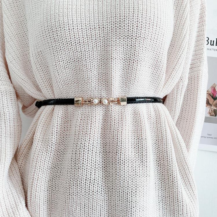 Black Mirrored Pearl-Embellished Adjustable Belt for Women's Suit Dress