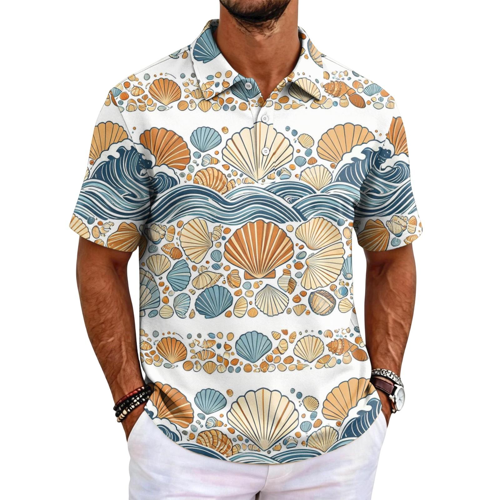 Heima E Men's Short Sleeve Polo Shirt Hawaiian Style Loose Fit Casual Top with Print and Classic Collar for Daily Wear XL oranje