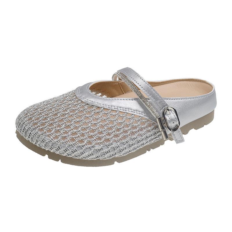 Half Slippers Women's Summer Wear Fisherman Baotou Flat Bottom Sandals Inner Height Increase One Pedal Mesh Breathable 2025 Weaving