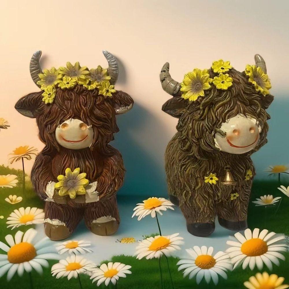 Resin Highland Cow Statue Cute Animal Sculpture Ornament Funny Cow Figurine  Desktop