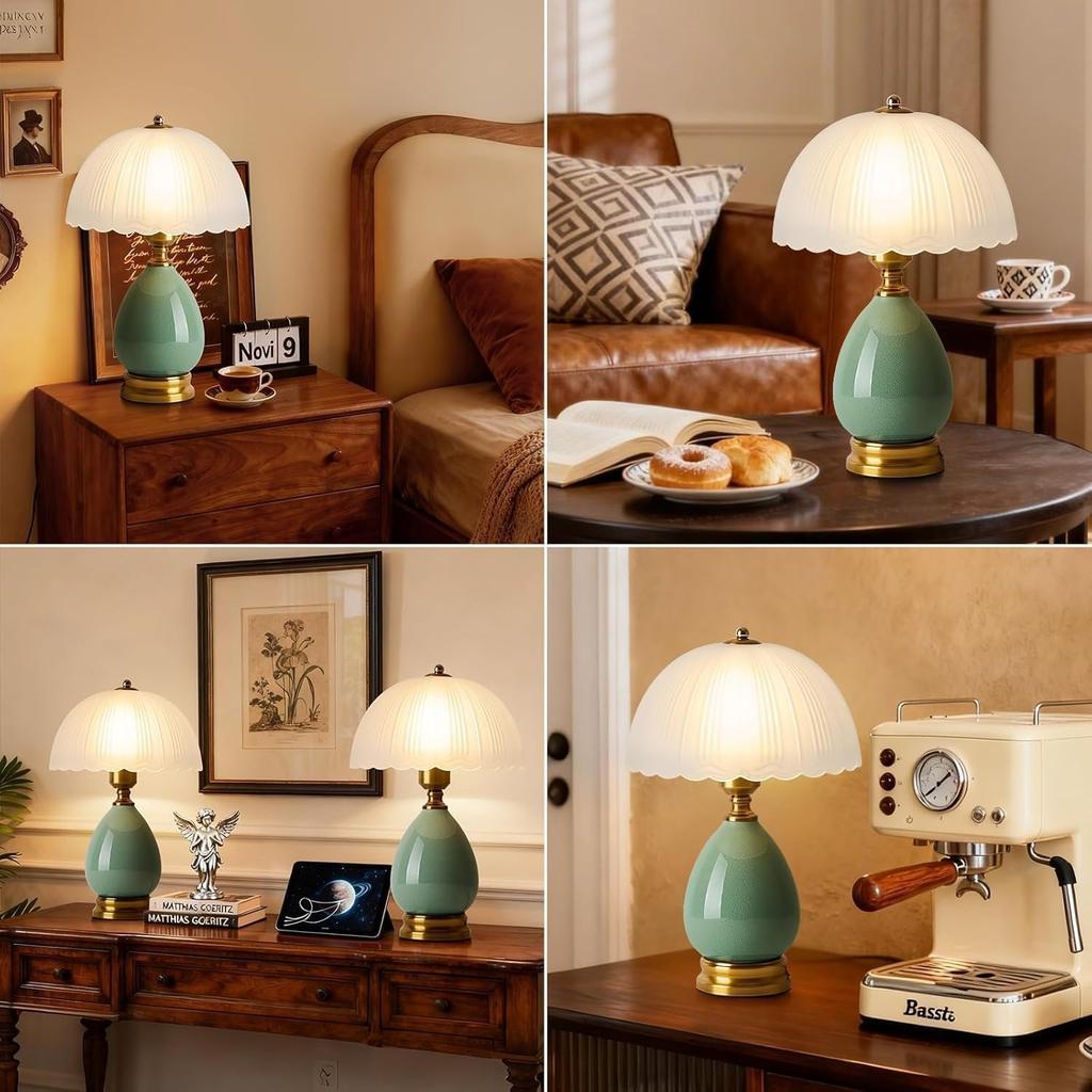 Vintage Keramik-Tischlampe mit plissiertem Glasschirm, Türkis & Gold Akzentlampe für Schlafzimmer, Wohnzimmer & Büro (Türkis-01)