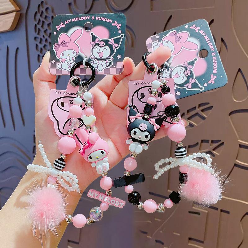 Japan Sanrio Kuromi My Melody Beaded Mobile Phone Chain Cartoon Keychain Bag Pendant Decoration Gift for Girls