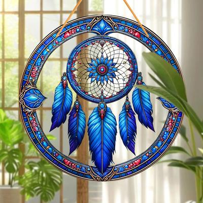 Vibrant Dreamcatcher Sun Catcher -Colorful Acrylic Window Hanger with Blue Feather and Flower Design, Nurseries, Vintage Home Decor Wall for Bar Kitch