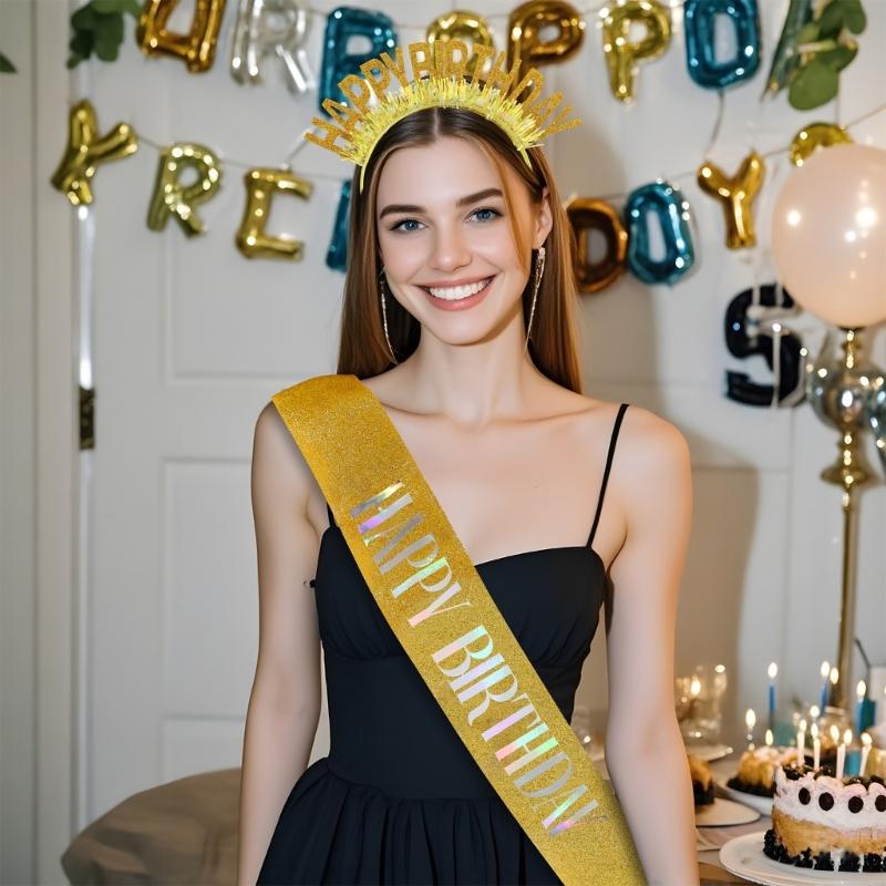 Birthday Headbands and Sash Set Luxurious Celebration Headwear Adjustable for Celebrations and Parties