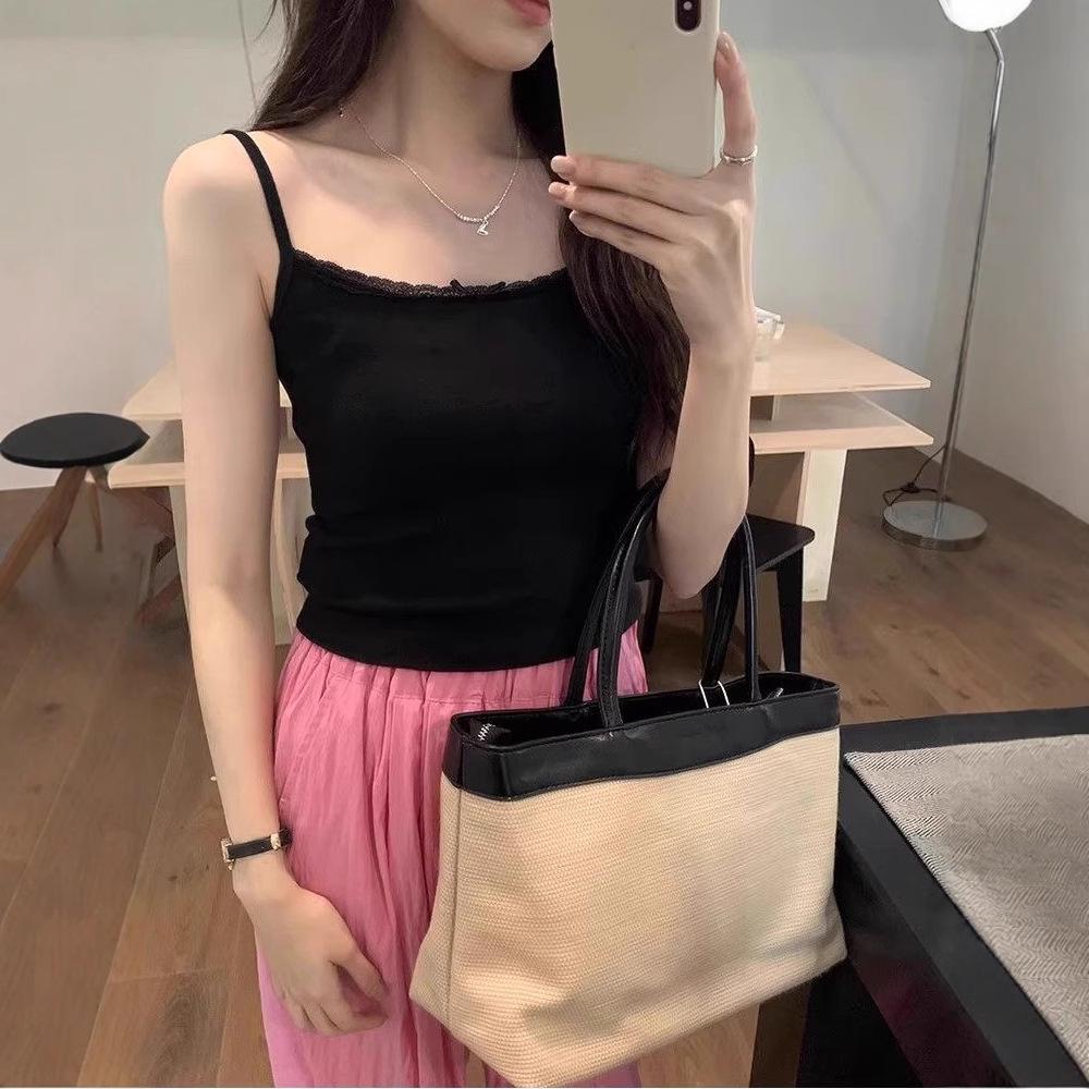 2025 Summer Women's Lace Camisole with Bow and Elastic Splicing - Sweet White BM Vest