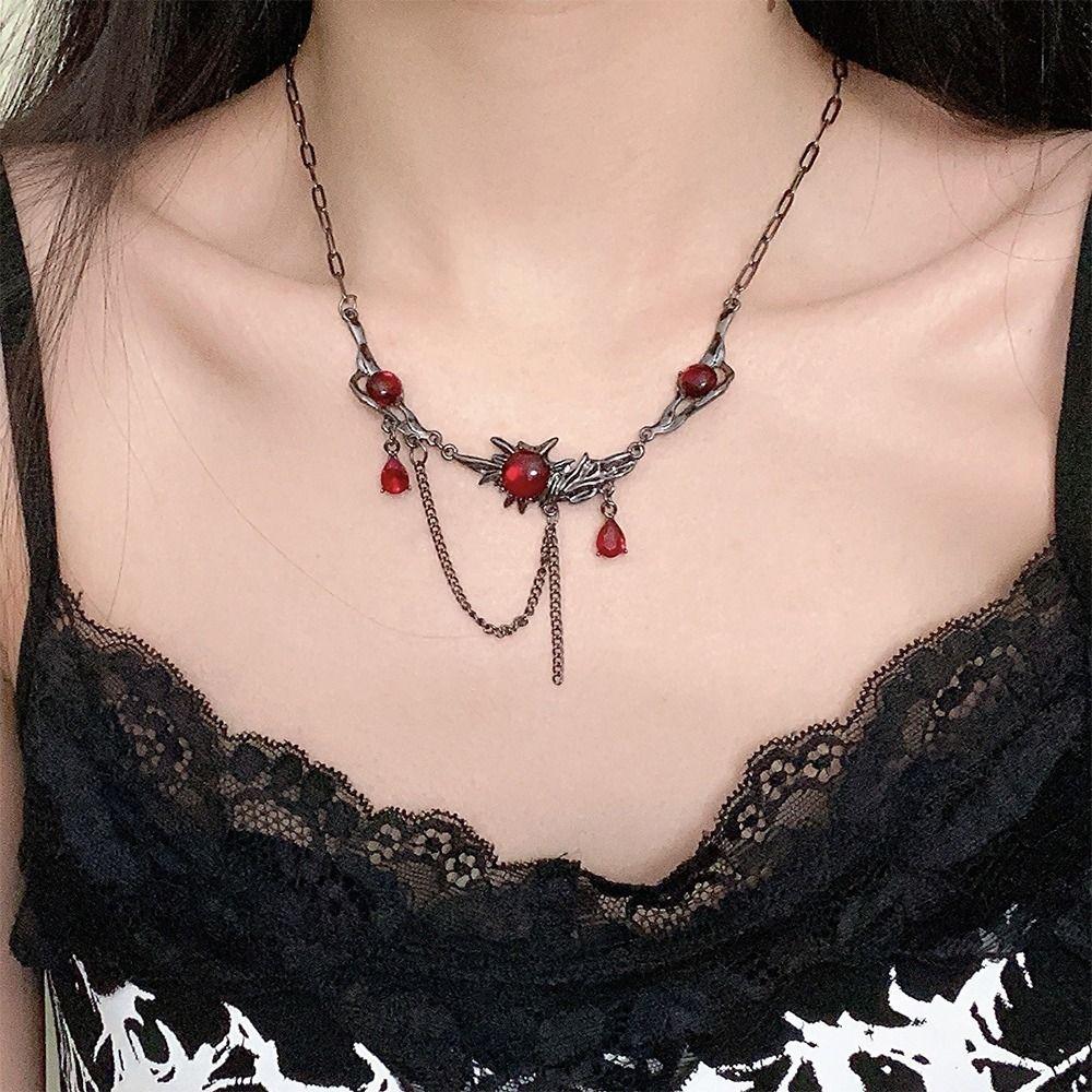 Punk Red Zircon Pendant Necklace Dark Gothic Silver Black Tassel Chain Choker Layered Hip Hop Collarbone Neck Chain for Women