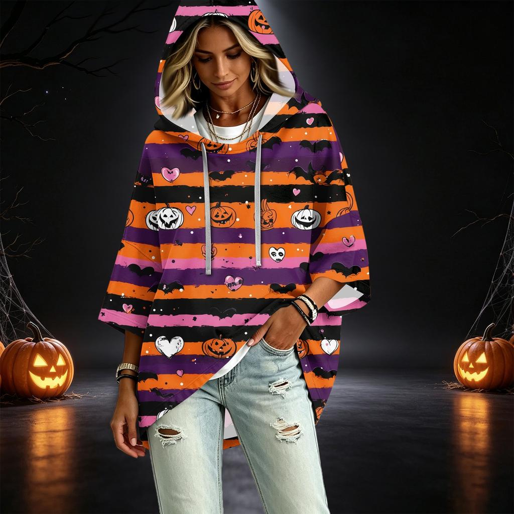 Women's 3/4 Sleeve Hooded Pullover Top with Halloween Print