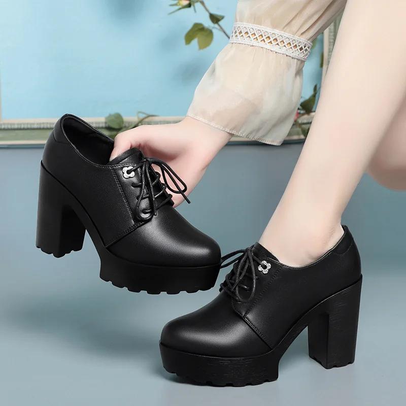 9.5cm British Style Soft Leather Chunky Platform Shoes 2025 Spring Block High Heels Shoes Women Oxfords for Office Model