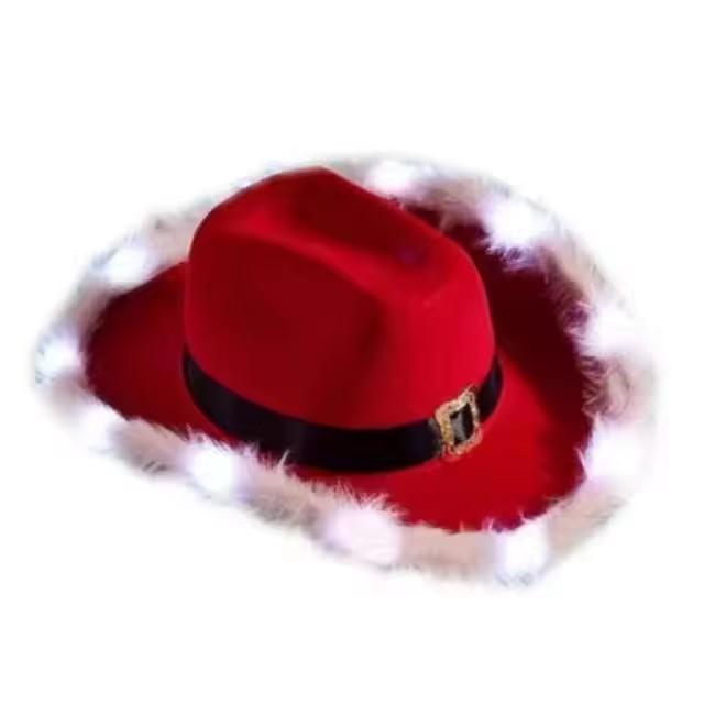 Fashion Santa Claus Party Christmas Luminous Cowboy Hat Western Red Felt Hats Wide Brim Cowgirl Hat Jazz Hat for Women Men