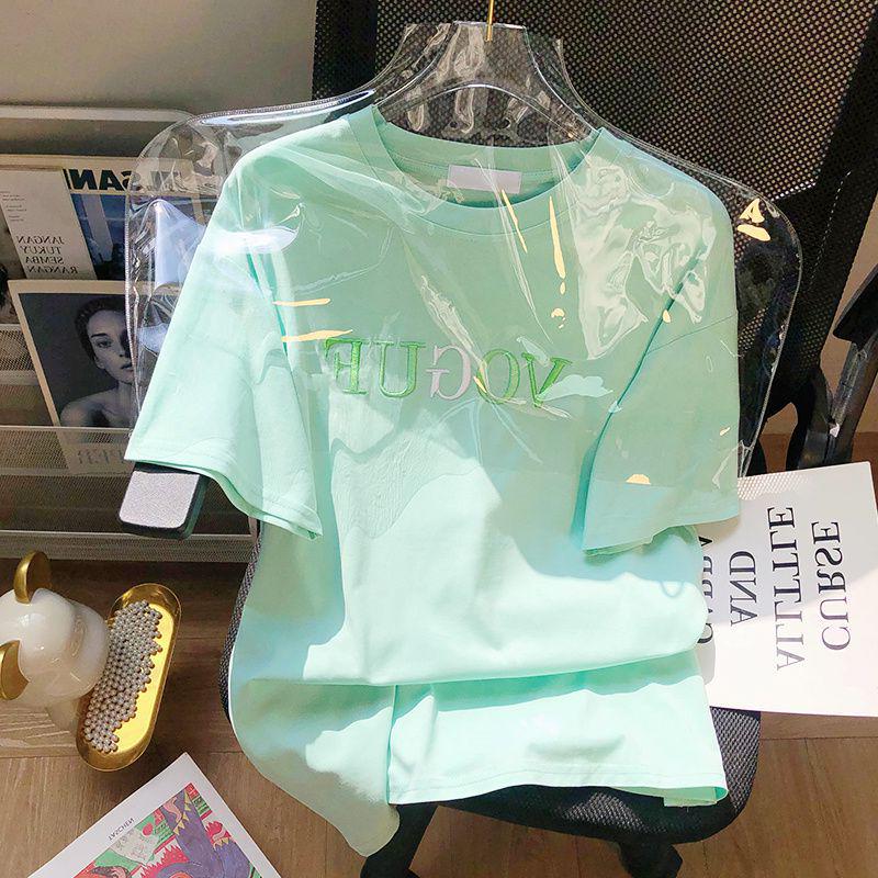 

Корейская футболка конфетного цвета с вышивкой букв, с круглым вырезом и коротким рукавом для женщин и пар - Коллекция весна/лето 2024 XXL