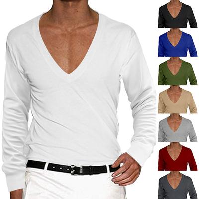 Men's T-shirt European and American Spring and Autumn Men's Clothing V-neck Solid Color Slim-fitting Thin Casual T-shirt Long-sleeved Top