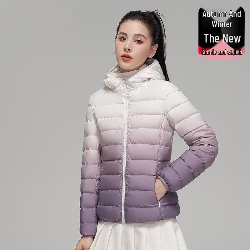 Youjia Women's Gradient Lightweight Down Jacket - 90% White Duck Down, Short Style, Hooded, Autumn/Winter Fashion.