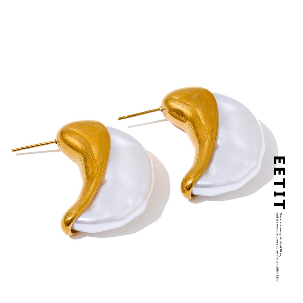 Eetit Women Simulated Pearls Moon Huggie Earrings for Women Stainless Steel Golden Statement Cast Unique Jewelry Prevent Allergy