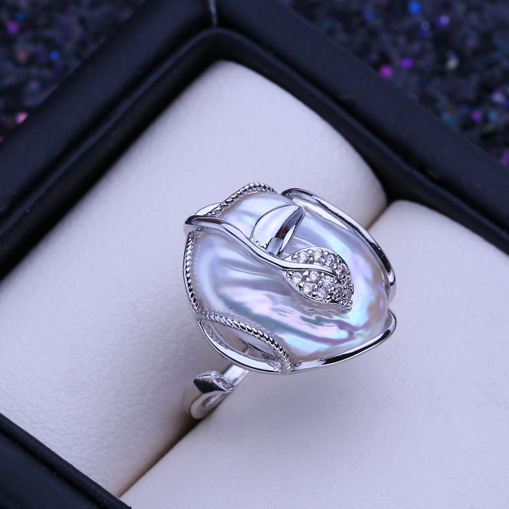 LSOOYH Anillos de perlas barrocas de botón grande naturales de agua dulce para mujer, anillo de bodas clásico de color plata y oro, regalos de cumpleaños al por mayor