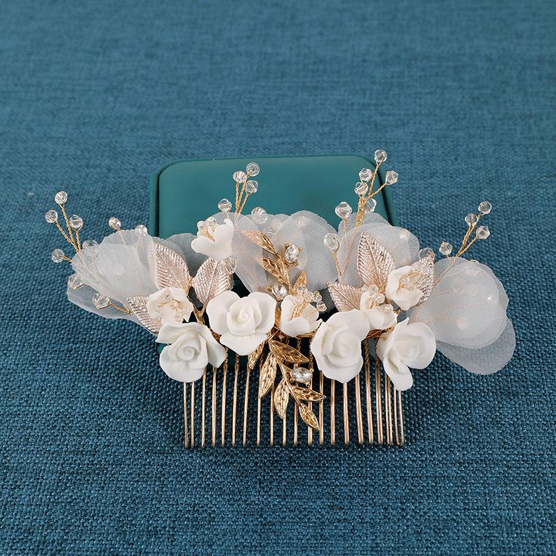 Exquisite Crystal Silk Flower & Gold Leaf Hairpin for Bridal Styling