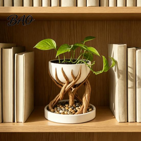 Creative Home Office Decor 3D Printed Tree Root Planter, Bionic Wood Textured Flower Pot with Gift for Gardening Lovers Drainage Hole, Succulent