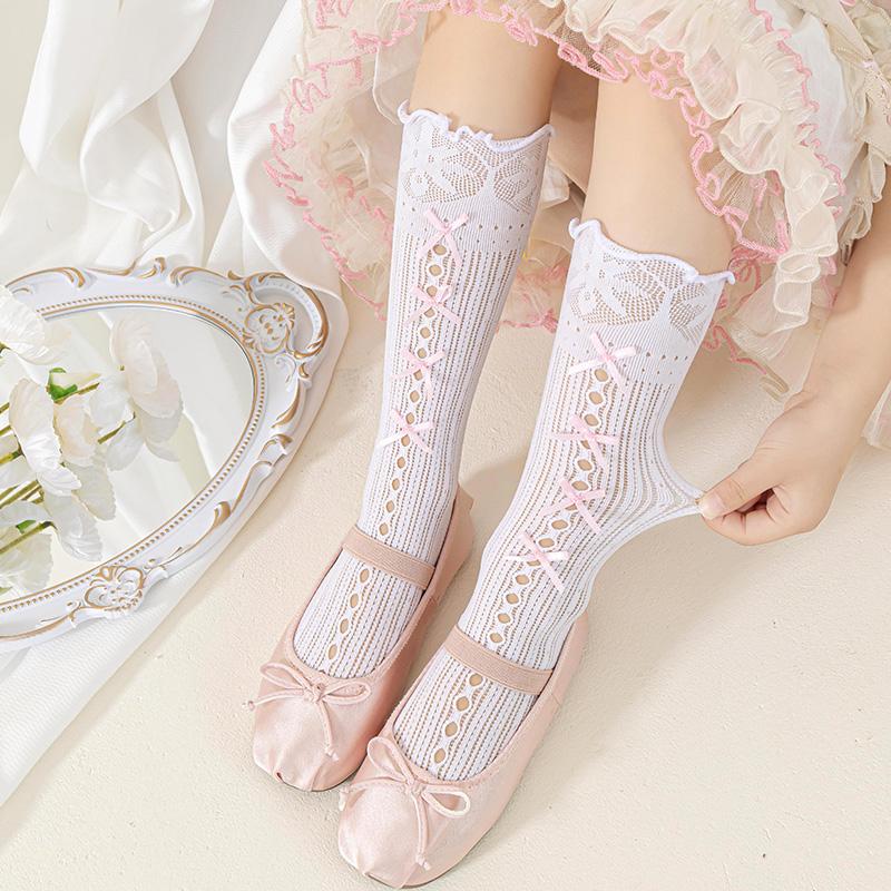 Girls Over The Knee High Socks Retro Stripes Hollow Mesh Cute Bowknot Princess Baby Kids Long Stockings