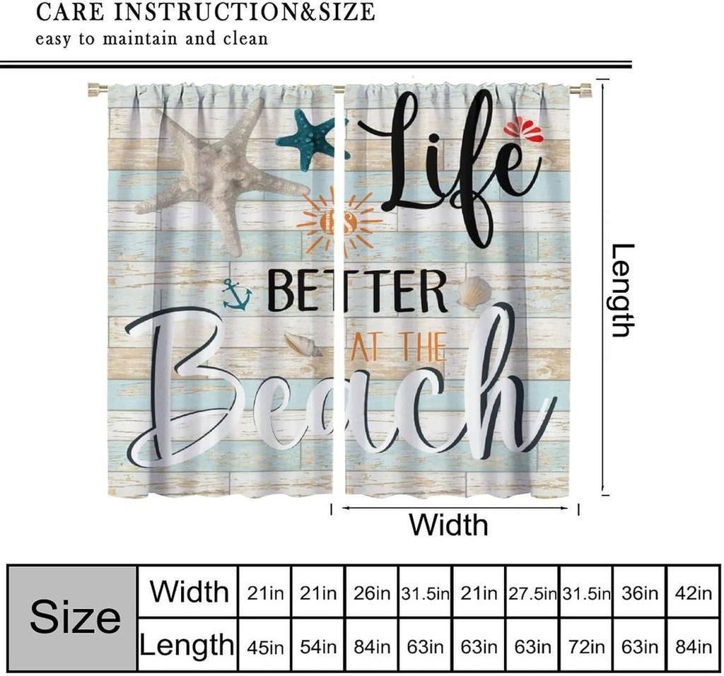 Ocean Curtains  Vintage Wooden Panel Summer Ocean Beach Theme Starfish Shells Print Rod Pocket Window Treatments Drapes for Bedro