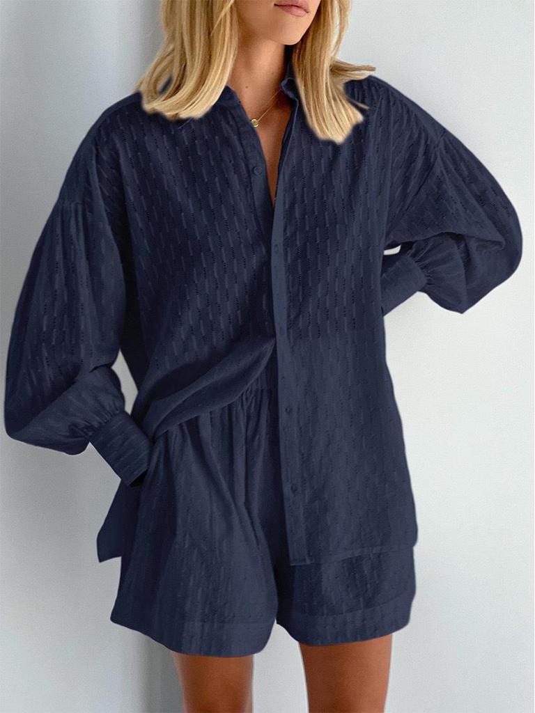 2024 Jesienny Damski Zestaw Bluzka z Bufiastymi Rękawami i Szorty z Żakardowym Wzorem