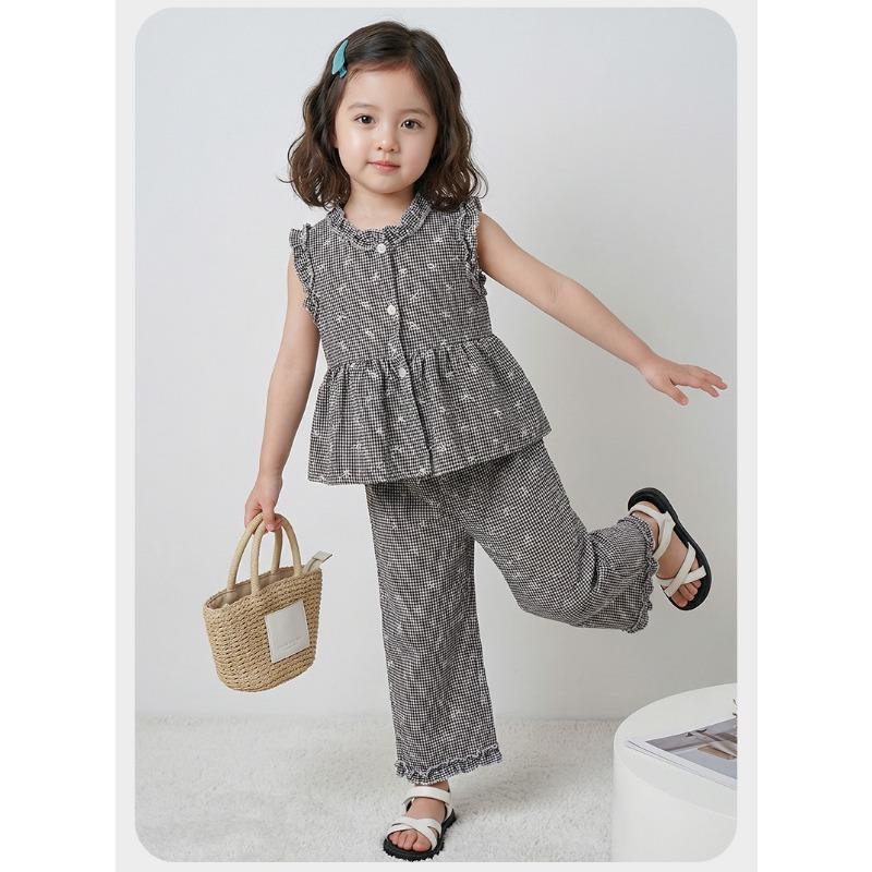Sweet Little Girls Plaid Lace Vest Long Pants Two Piece Clothing Set