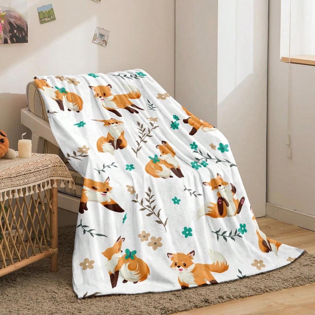 Cute Cartoon Fox Floral Print Flannel Blanket Woodland Animal Soft Warm Throw Blanket Sofa Bed Kids Room Home Decor Gift