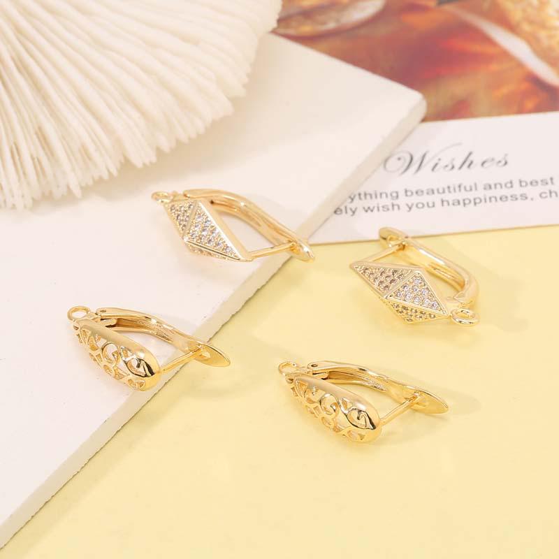 

14K Gold Zircon Melon Seed Buckle Earrings with Hollow Rhombus Ear Cuffs