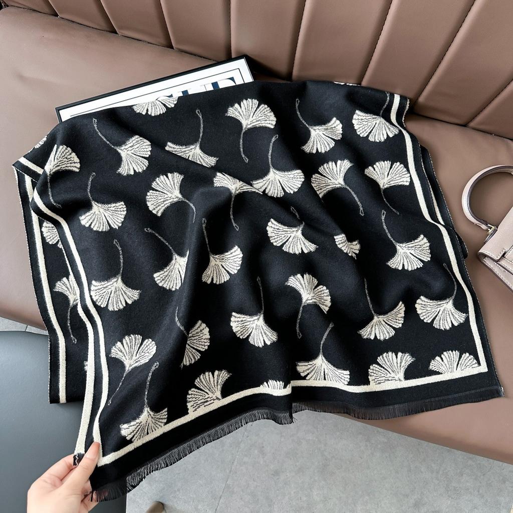 Korean Atmosphere Scarf Women'S Spring, Autumn And Winter Double-Sided Ginkgo Biloba Leaves Thickened Long Imitation Cashmere Air-Conditioned Room