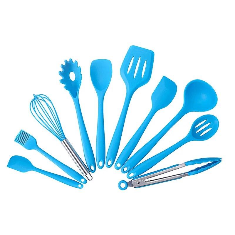 10 Pcs Non-stick Silicone Utensils Set Turner Tongs Spatula Soup Spoon Shovel Oil Brush Cooking Tools Set Kitchen Gadgets Items