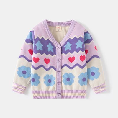 Mädchen Strickjacke mit Blumenmuster Frühling und Herbst V-Ausschnitt Pullover für Kinder