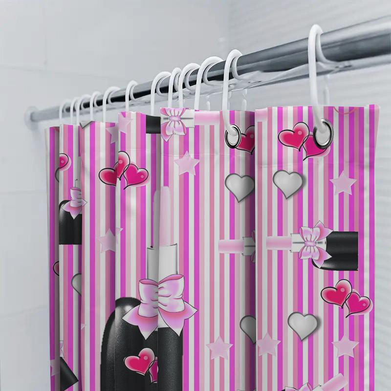 Pink And White Striped Shower Curtain With Heart And Nail Polish Pattern For Bathroom Decor Modern Home Decor Item #8214360795;